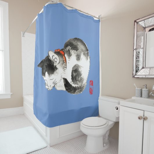 Slapen Japans Kat Zwart en Wit Douchegordijn (In situ)