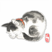 Slapen Japans Kat Zwart en Wit Sticker (Voorkant)