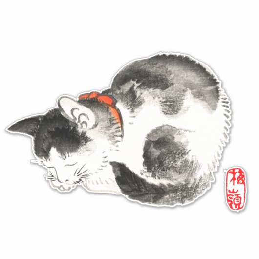 Slapen Japans Kat Zwart en Wit Sticker (Voorkant)
