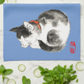 Slapen Japans Kat Zwart en Wit Theedoek (Gevouwen)