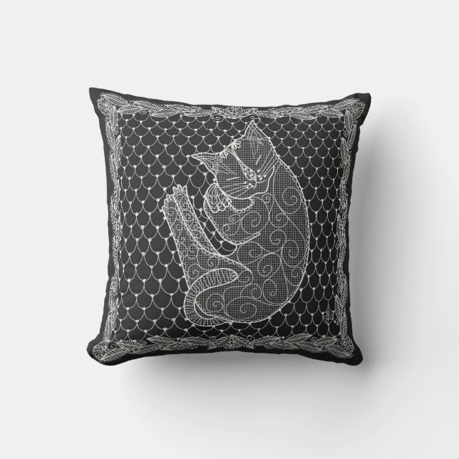 Slapen Kat Kant Doily Sierkussen (zwart) (Voorkant)