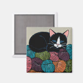 Slapen Kat op Berg van Garen Illustratie Magneet (Voorkant / Achterkant)