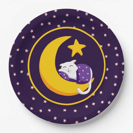 Slapen Kat op Crescent Moon Star Ramadan Papieren Bordje (Voorkant)