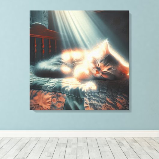 Slapen kitten in zonlicht canvas afdruk (Insitu (Houten vloer))