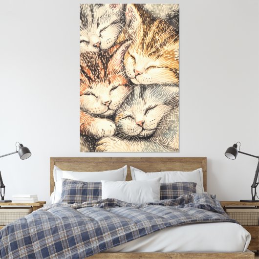 Slapen Kittens - Pointillism Art Canvas Afdruk (Insitu (Slaapkamer))