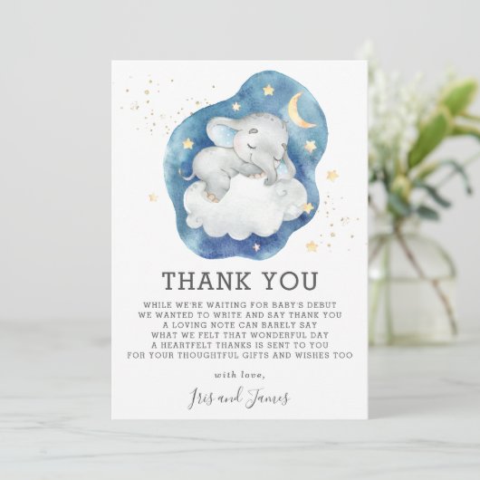 Slapen Olifant Twinkle Star Baby shower Boy Bedankkaart (Staand voorkant)