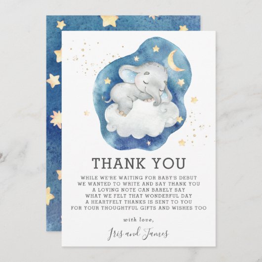 Slapen Olifant Twinkle Star Baby shower Boy Bedankkaart (Voorkant / Achterkant)