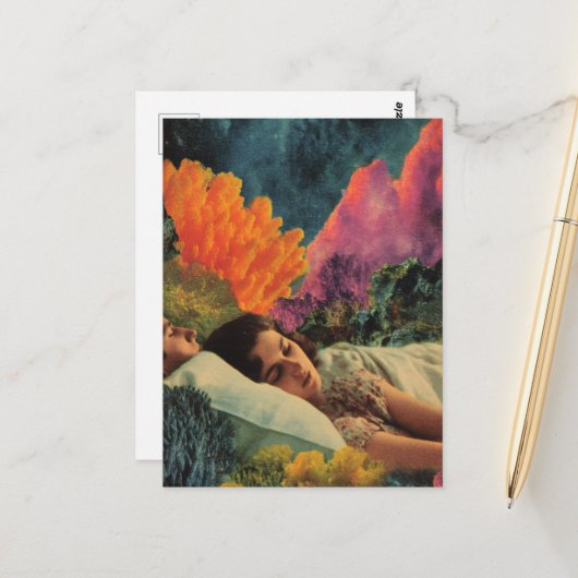 Slapen onder het Zee Surreal Mixed media collage Briefkaart (Voorkant / Achterkant in situ)