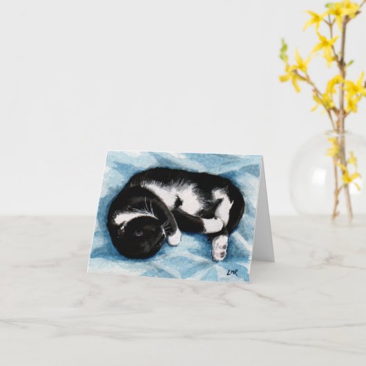 Slapen Tuxedo Cat Painting Note Kaart (Gele Bloem)