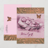 SLAPEND KIND, VLINDER, BLOEMROZE BABY SHOWER UITNODIGING BRIEFKAART (Voorkant / Achterkant)