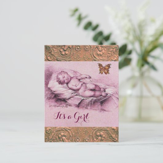 SLAPEND KIND, VLINDER, BLOEMROZE BABY SHOWER UITNODIGING BRIEFKAART (Staand voorkant)