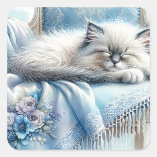 Slapend Kitten Blauw Cottagecore Droom Vierkante Sticker