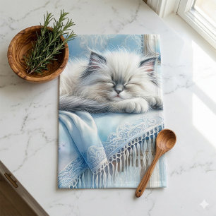 Slapend Kitten Blauwe Cottagecore Droom Theedoek