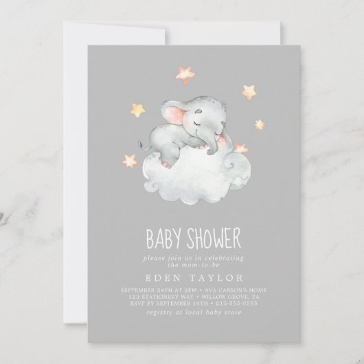 Slapend klein olifant meisje | Grijze Baby shower Kaart (Voorkant)