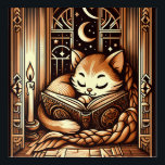 slapende art deco stijl kat met een boek acryl muurkunst<br><div class="desc">Schattige vintage,  art deco art style illustratie van een kat die op een boek slaapt door kaarslicht,  voor een raam met een nachtelijke hemel met maan en sterren buiten. De kleuren zijn bruine sepia tinten.</div>