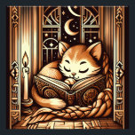 slapende art deco stijl kat met een boek foto afdruk<br><div class="desc">Schattige  art deco art stijl illustratie van een kat slapen op een boek door kaarslicht,  voor een raam met een nachtelijke hemel met maan en sterren buiten. De kleuren zijn bruine sepia tinten.</div>