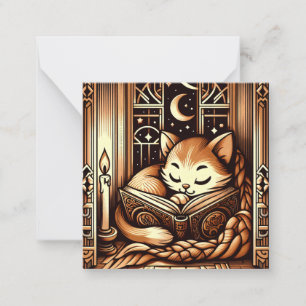 Slapende Art Deco Stijl Kat Met Een Boek Notitiekaartje