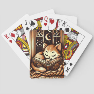 Slapende Art Deco Stijl Kat Met Een Boek Pokerkaarten