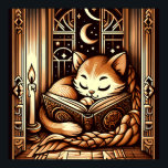 slapende art deco stijl kat met een boek poster<br><div class="desc">Schattige  art deco art stijl illustratie van een kat slapen op een boek door kaarslicht,  voor een raam met een nachtelijke hemel met maan en sterren buiten. De kleuren zijn bruine sepia tinten.</div>