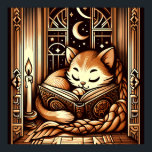slapende art deco stijl kat met een boek poster<br><div class="desc">Schattige art deco art stijl illustratie van een kat slapen op een boek door kaarslicht, voor een raam met een nachtelijke hemel met maan en sterren buiten. De kleuren zijn bruine sepia tinten.</div>