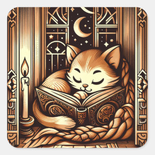 Slapende Art Deco Stijl Kat Met Een Boek Vierkante Sticker