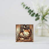  slapende art deco stijl kat met een boek vierkante visitekaartje (Staand voorkant)