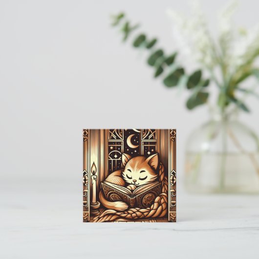  slapende art deco stijl kat met een boek vierkante visitekaartje (Staand voorkant)