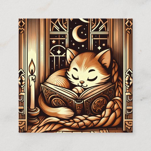  slapende art deco stijl kat met een boek vierkante visitekaartje (Voorkant)