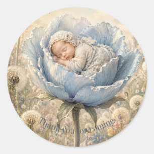 Slapende baby blauwe bloem Dank je wel Ronde Sticker