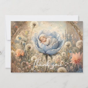 Slapende baby blauwe bloem paardenbloemen bedankkaart