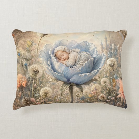 Slapende baby in blauwe bloem accent kussen (Voorkant)