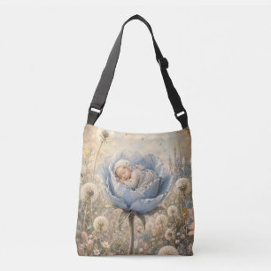 Slapende baby in blauwe bloem crossbody tas