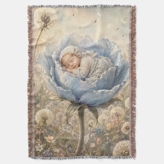 Slapende baby in blauwe bloem deken (Voorkant Verticaal)