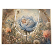 Slapende baby in blauwe bloem met paardenbloemen