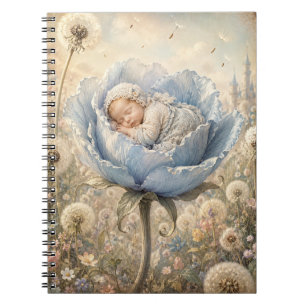 Slapende baby in blauwe bloem notitieboek