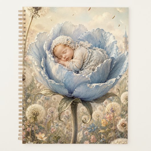 Slapende baby in blauwe bloem planner (Voorkant)