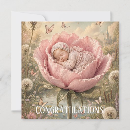 Slapende baby in roze bloem Gefeliciteerd (Voorkant)