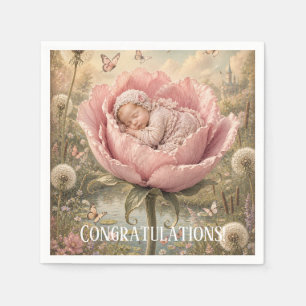 Slapende baby in roze bloem Gefeliciteerd Servet