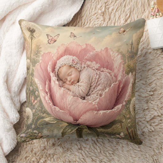 Slapende baby in roze bloem kussen (Deken)
