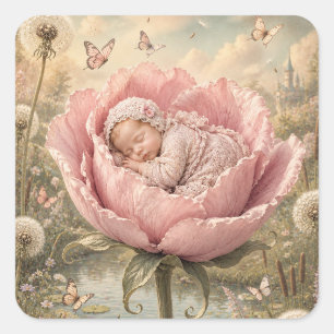 Slapende baby in roze bloem vierkante sticker