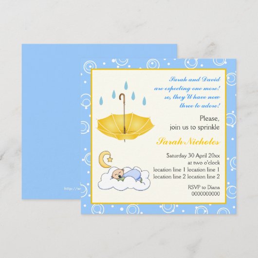 Slapende baby jongen strooi blauwe gele uitnodigin kaart (Voorkant / Achterkant)