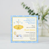 Slapende baby jongen strooi blauwe gele uitnodigin kaart (Staand voorkant)