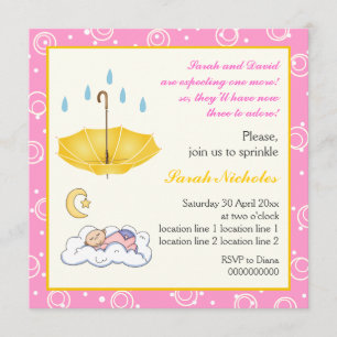 Slapende baby meisje strooi roze gele uitnodiging