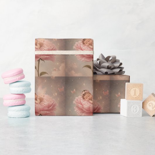 Slapende baby roze bloem cadeaupapier (Baby Shower)