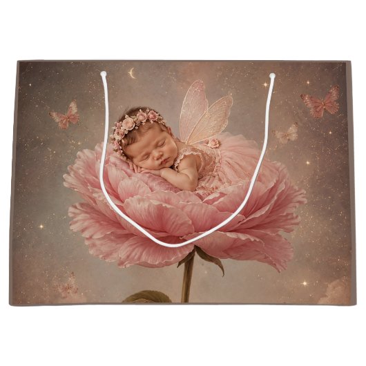 Slapende baby roze bloem groot cadeauzakje (Voorkant)