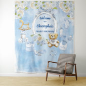 Slapende baby shower blauwe bloemen teddybeer acht wandkleed (In situ)