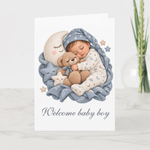 Slapende baby teddybeer en halvemaan blauw kaart