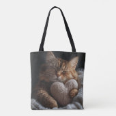 SLAPENDE BRUINE TABBY KAT MET HARTVORMIG KUSSEN TOTE BAG (Achterkant)