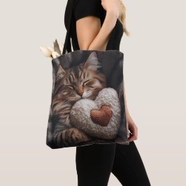 SLAPENDE BRUINE TABBY KAT MET HARTVORMIG KUSSEN TOTE BAG