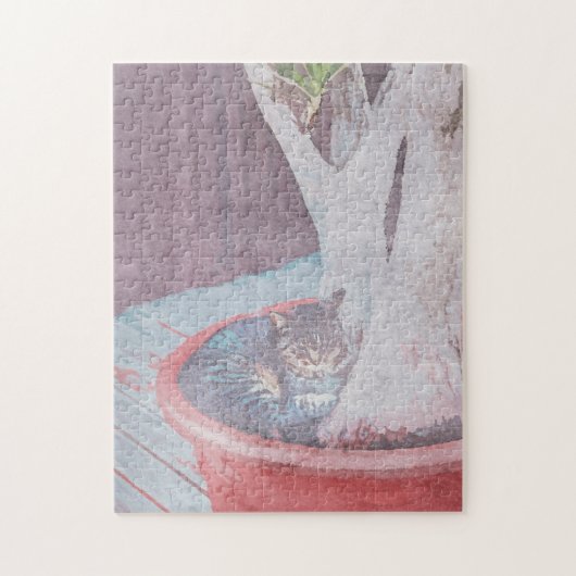slapende buitenkat digitale kunst aquarel legpuzzel (Verticaal)